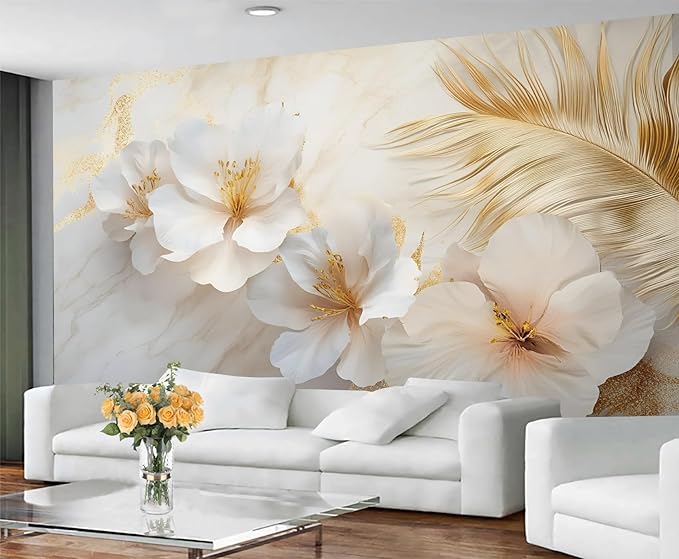 White Flowers Marble Wall Mural, Luxury Floral 3D Wall Murals, Elegant Gold Leaf Design Wallpaper Mural, for Living Room Bedroom Large Wallpaper Indoor Decor 197" W x124.8 H