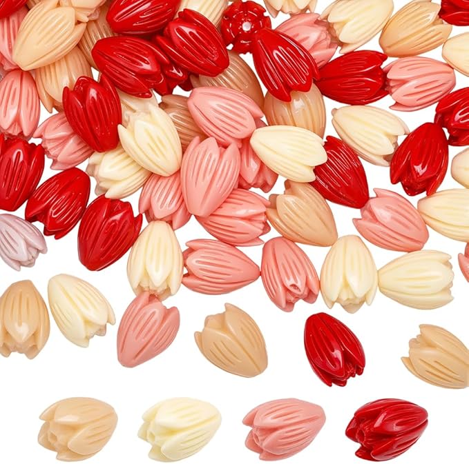 1 Box 100Pcs 4 Colors Carved Flower Beads 3D Floral Beads Colorful Artificial Red Jasmine Synthetic Coral Dyed Small Smooth Spacers Findings for Jewelry Making Bracelets Necklaces DIY Crafts