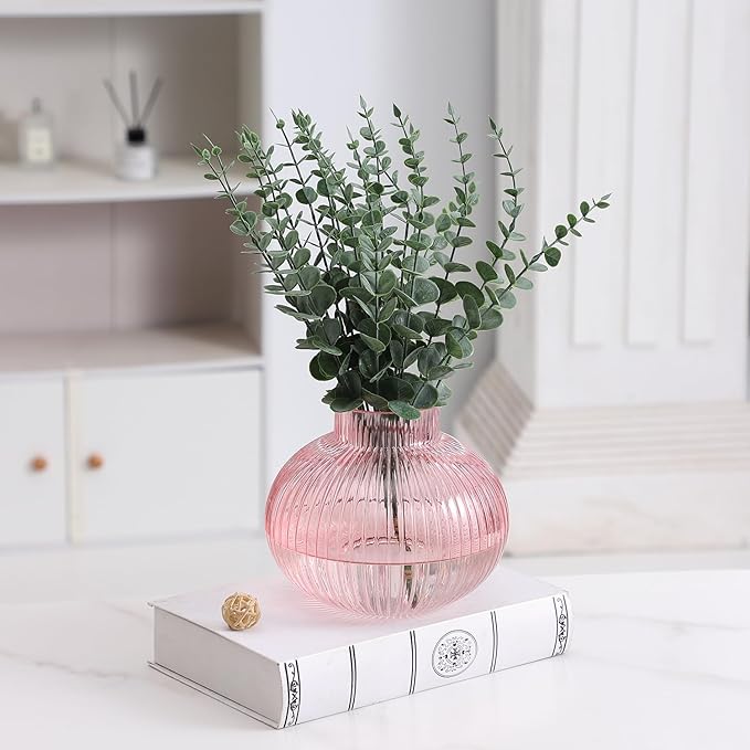 Pink Glass Vase for Tulips, Ribbed Glass Vase for Flowers, Round Flower Vases, Small Short Vases for Living Room, Office, Coffee Table, Shelf, Wedding, 6 Inches
