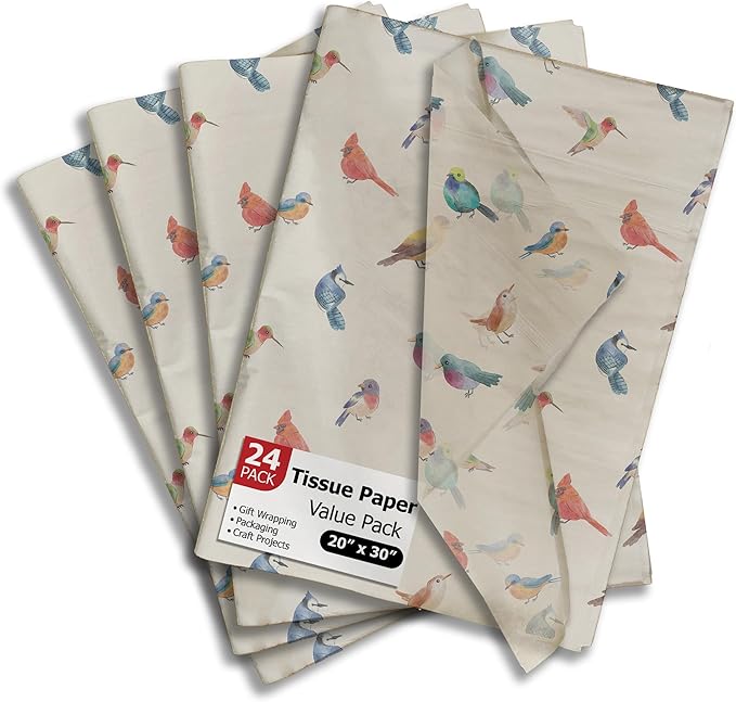 Pro Supply Global Birds Printed Tissue Paper for Gift Bags or Boxes and Wrapping - Bulk Decorative Art Tissue Paper for Packaging and Gifting | 24 Sheets 20" x 30"