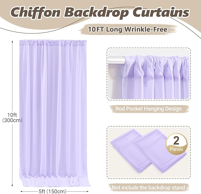 10ft x 10ft Lilac Backdrop Curtains, Wrinkle-Free Sheer Chiffon Fabric Photo Backdrop Drapes for Wedding Arch Party Ceremony Stage Photography Decorations