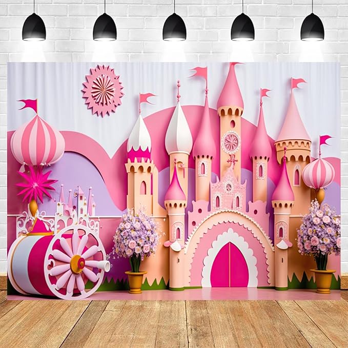 6x4ft Princess Castle Backdrop Pink Purple Floral Girl Birthday Photography Background Kids Birthdays Newborn Baby Shower Banner Decorations Wedding Party Portrait Photo Booth Prop