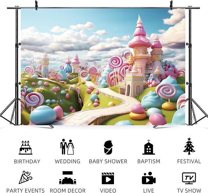 10x8ft Candyland Backdrop Fantasy Candy Castle Photography Background Sweet Lollipop Dream Blue Sky White Cloud Kids Birthday Banner Decorations Baby Shower Newborn Portrait Photo Booth Prop