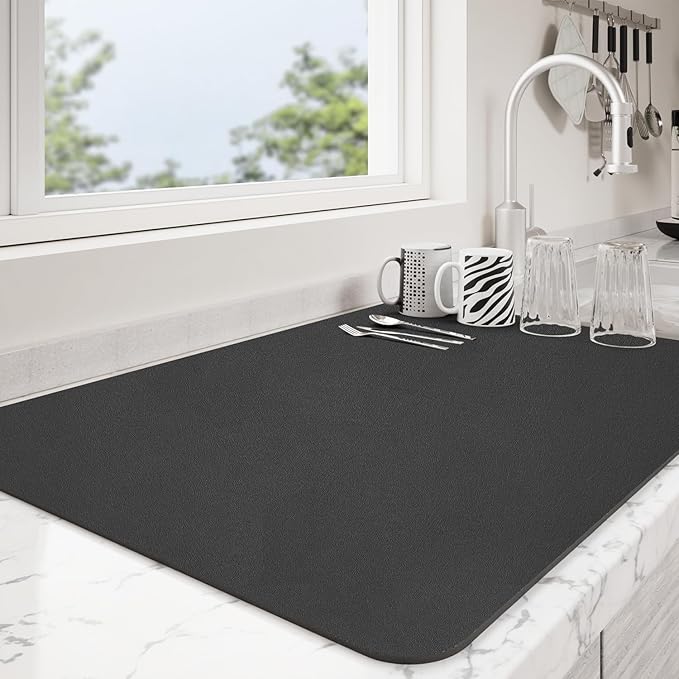 Dish Drying Mat for Kitchen Counter | Coffee Bar Mat for Countertops | Heat Resistant Drainer Mat with Non-slip Rubber Backed | Hide Stain Kitchen Absorbent Draining Mat | Black 18"x24"