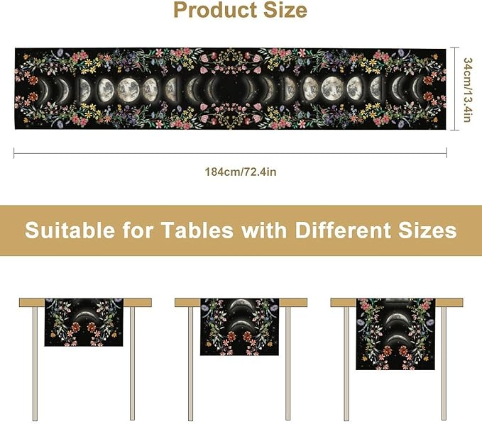 Boho Floral Table Runner, Spring Gothic Moon Phase Wildflower Mystical Witchy Farmhouse Coffee Table Center Decor for Home Kitchen Dining Patio Holiday Party Table Decorations 13x72 inches