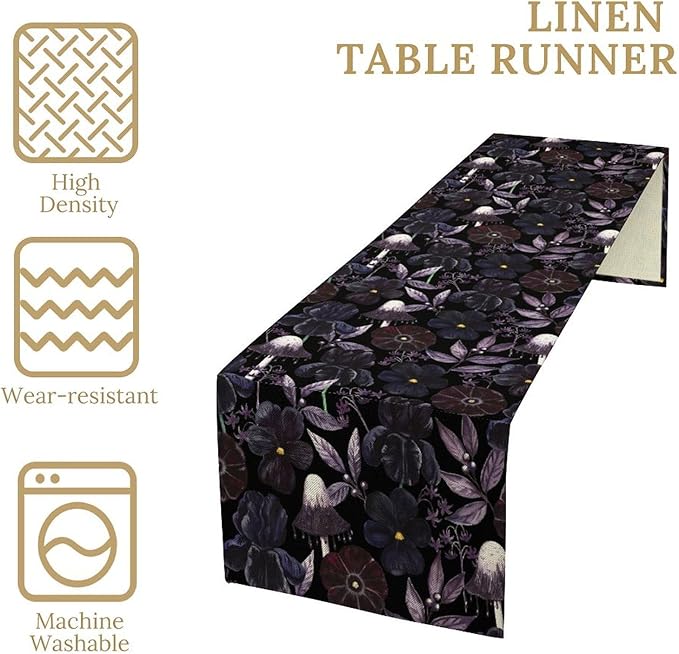 Gothic Floral Table Runner, Watercolor Black Purple Flowers Victorian Luxury Vintage Leaves Plant Table Runner for Home Kitchen Dining Decor Indoor Outdoor Party, 13x70inch