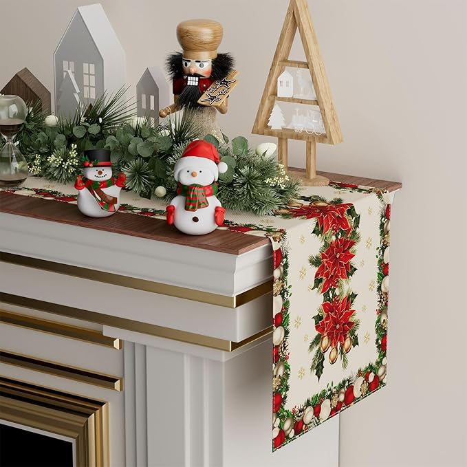 XCHI Christmas Poinsettias Leaves Bells Snowflakes Winter Xmas Table Runner Table Decoration for Home Kitchen Dining Holiday Decor 13x48 Inch