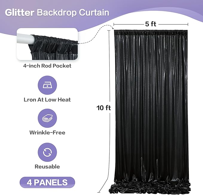 gogoparti 20x10FT Black Sequin Backdrop Curtain - 4 Panels of 5x10FT Wrinkle-Free Glitter Drapes for Photography, Birthdays, Weddings & Graduations