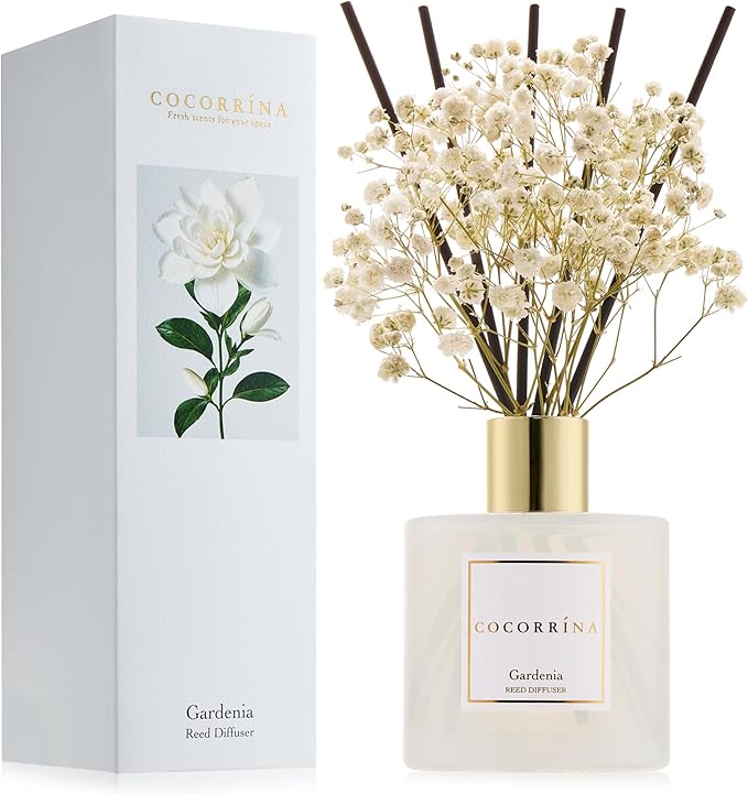 COCORRÍNA Reed Diffuser - Gardenia 6.7 Fl.oz Reed Diffuser Set with Sticks & Preserved Baby's Breath, Reed Diffuser for Home Bathroom Shelf Decor