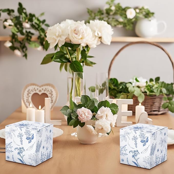 TecUnite 50 Pcs 3x3x3'' Blue Floral Paper Gift Candy Boxes Chinoiserie Flower Paper Gift Box Small Blue White Hydrangea Party Packaging Bag for Wedding Birthday Cardstock Shower Party Supply Decor