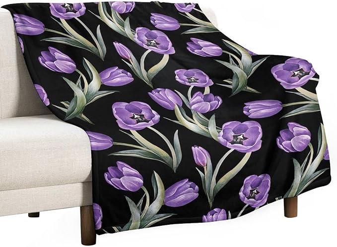 Purple Tulip Blanket Flower Gifts for Girls Women Tulip Floral Throw Blanket for Kids Adults Soft Warm Cozy Fleece Blanket for Couch Sofa Bed 60"x80"