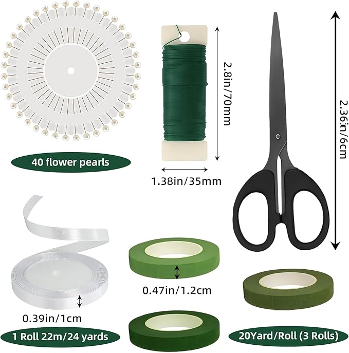 CllyCnny Floral Craft DIY Kit - 7pcs Complete Supplies with Floral Tape Ribbon Scissors Pin Wire for Bouquets Wreath Making Wedding Arrangement Crafts