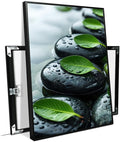 Glittering black stone cluster with fresh green leaves and water drops poster tranquil mist rain wall art zen wall art suitable for modern minimalist home decor 24x36in Metal blackFramed
