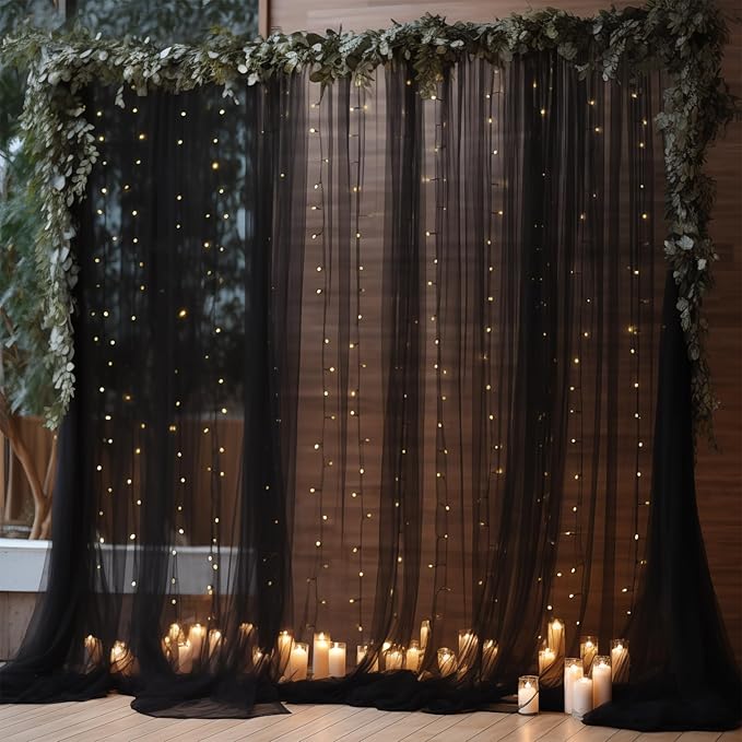 10ft x 8ft Black Backdrop Curtain with Lights String for Parties, Sheer Tulle Wedding Photo Backdrops Drapes for Baby Shower Birthday Party Decorations Background for Photography