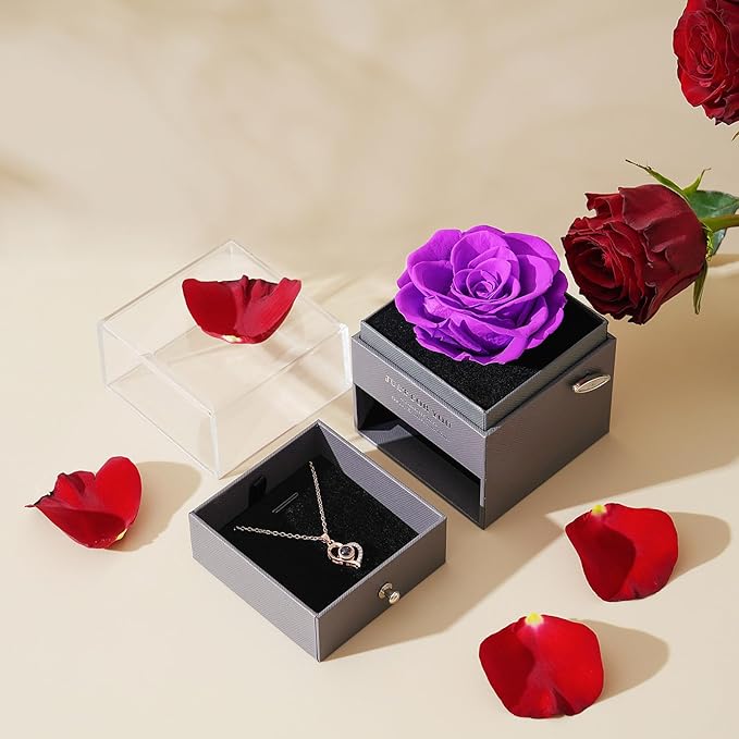 Preserved Rose Gifts for Mom Birthday – Forever Real Rose Music Box for Women – You Are My Sunshine Gifts for Mom Grandma Wife Girlfriend – Eternal Roses Box with I Love You Necklace in 100 Languages