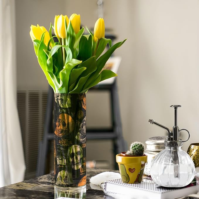 Flower Vase Clear Plastic Cylinder Vases Decor for Centerpieces Home Storage Office Weddings Vintage Orange and Grey Rock Skulls 11.8 x 3.9 in