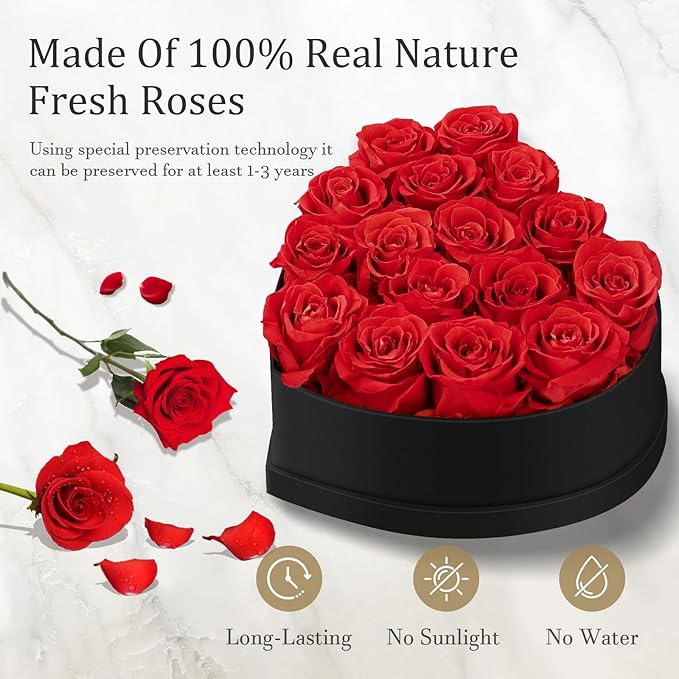 16 Forever Flowers, 9.2 inch Preserved Flowers in Heart Shape Box with Lights, Fresh Preserved Roses Gift for Her, Eternal Roses Gifts for Women Wife Birthday Mothers Day, Valentines Day Anniversary