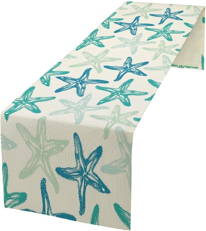 Starfish Plaid Table Flag Green Plaid and Marine Life Starfish Kitchen Table Flag Suitable for Birthday Party Restaurant Decoration Outdoor Picnic 13 * 120 Inch