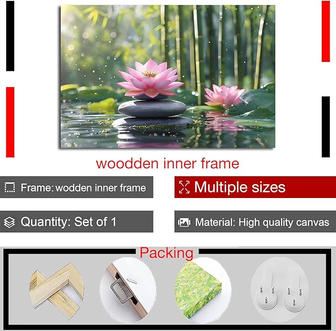 Ethereal pink lotus on obsidian Sunlit bamboo forest with sparkling water drops Poetic nature inspired wall art for tranquil homes and mindful spaces 8x12in Wood Framed