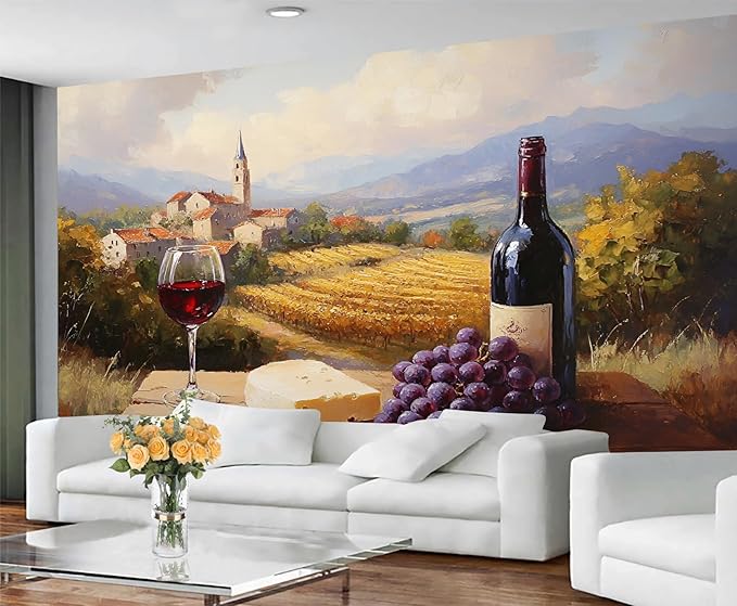 KIREUPA Tuscany Vineyard Wall Mural, Countryside Winery Scene 3d Wall Murals, Italian Rural Landscape Wallpaper Mural, for Living Room Bedroom Large Wallpaper Indoor Decor 118" W x 82.6 "H