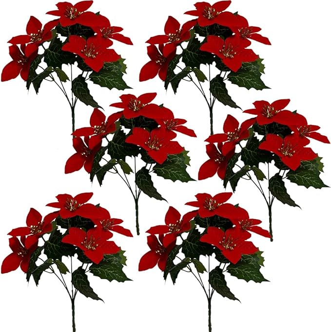 6 Pack Red Christmas Artificial Poinsettia Flowers Faux Poinsettia Bush Bouquets Silk Poinsettia Christmas Tree Ornaments Poinsettia Flower Arrangement for Home Decor