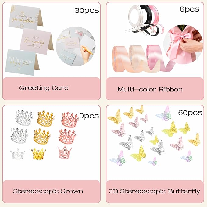 DNSGOOR 548Pcs Flower Wrapping Paper Kit with 200Sheets Double Sided Color Waterproof Bouquet Wrapping Paper Decor Crowns 3D Butterfly Bouquet Pins Ribbons for Valentines Graduation Birthday Party