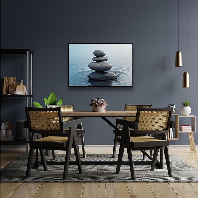 Zen wall art Harmonious grey stones stacked on a calm surface of water Serene Zen decor suitable for tranquil homes and spaces of meditation 12x18in Metal blackFramed