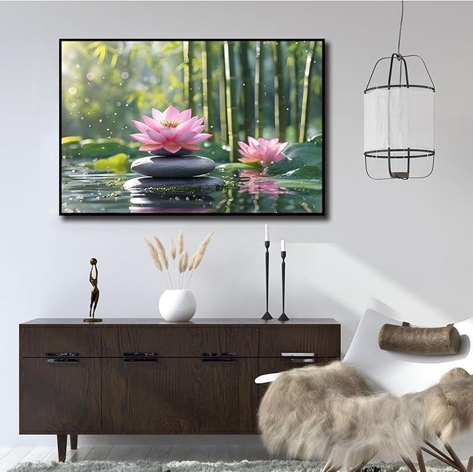 Ethereal pink lotus on obsidian Sunlit bamboo forest with sparkling water drops Poetic nature inspired wall art for tranquil homes and mindful spaces 24x36in Metal blackFramed