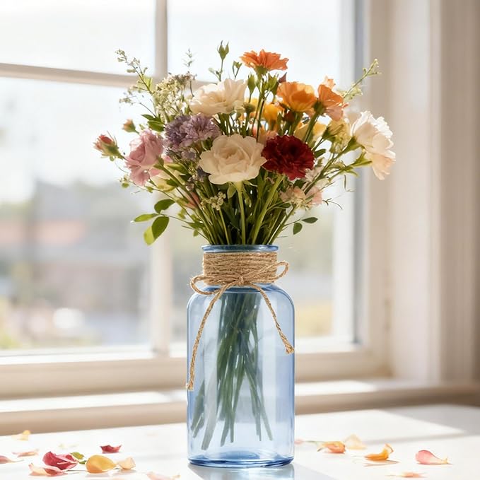 Vintage Glass Flower Vase，12 Pack Blue Farmhouse Glass Centerpiece Vases Mason Jars for Weddings, Parties & Home Decor Bulk (12, Blue)