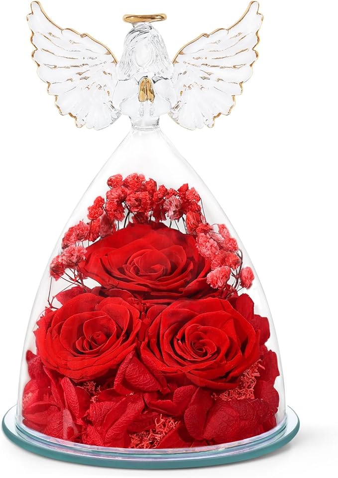 FIACO Preserved Flower Rose for Women, Forever Eternal Fresh Flowers in Glass Angel Figurines Flowers for Delivery Prime Red Roses for Grandma Mom Sister Her Wife on Mothers Day Birthday