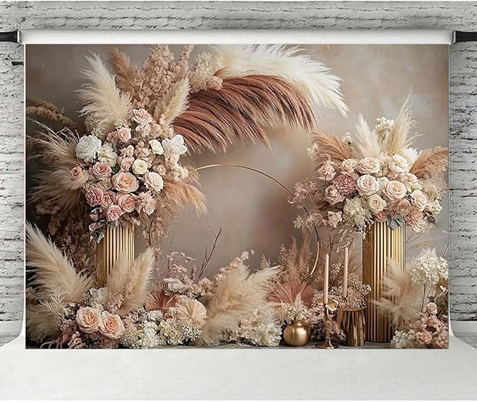 Boho Floral Wedding Backdrop Pampas Grass Flower Curtain Background Wedding Bridal Shower Anniversary Party Decoration Backdrop Newborn Baby Shower Pregnancy Photos Backdrop (7x5feet)