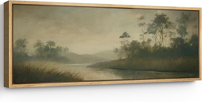 SIGNFORD Large Framed Canvas Print Wall Art Misty River with Trees Tranquil Nature Landscape Illustrations Modern Art Relax/Calm Warm for Living Room, Bedroom, Office - 60"x20"