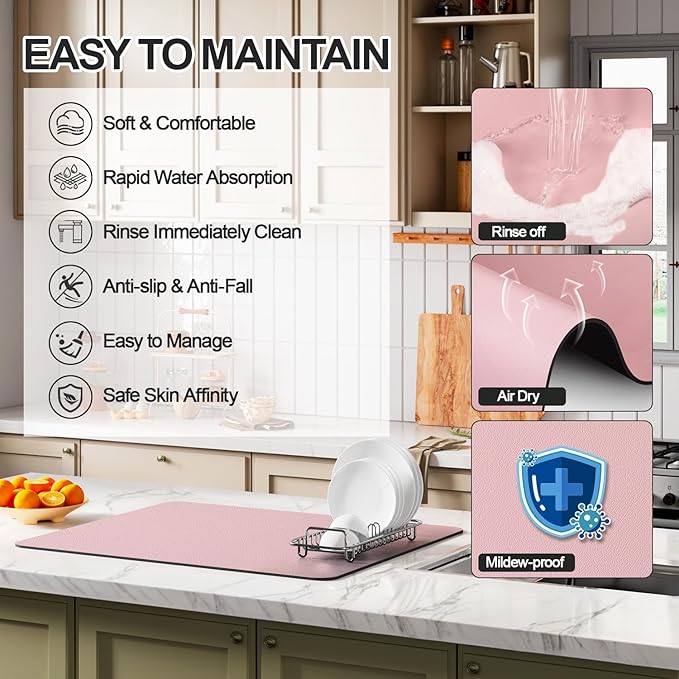 Dish Drying Mat for Kitchen Counter | Coffee Bar Mat for Countertops | Heat Resistant Drainer Mat with Non-slip Rubber Backed | Hide Stain Kitchen Absorbent Draining Mat | Pink 18"x32"