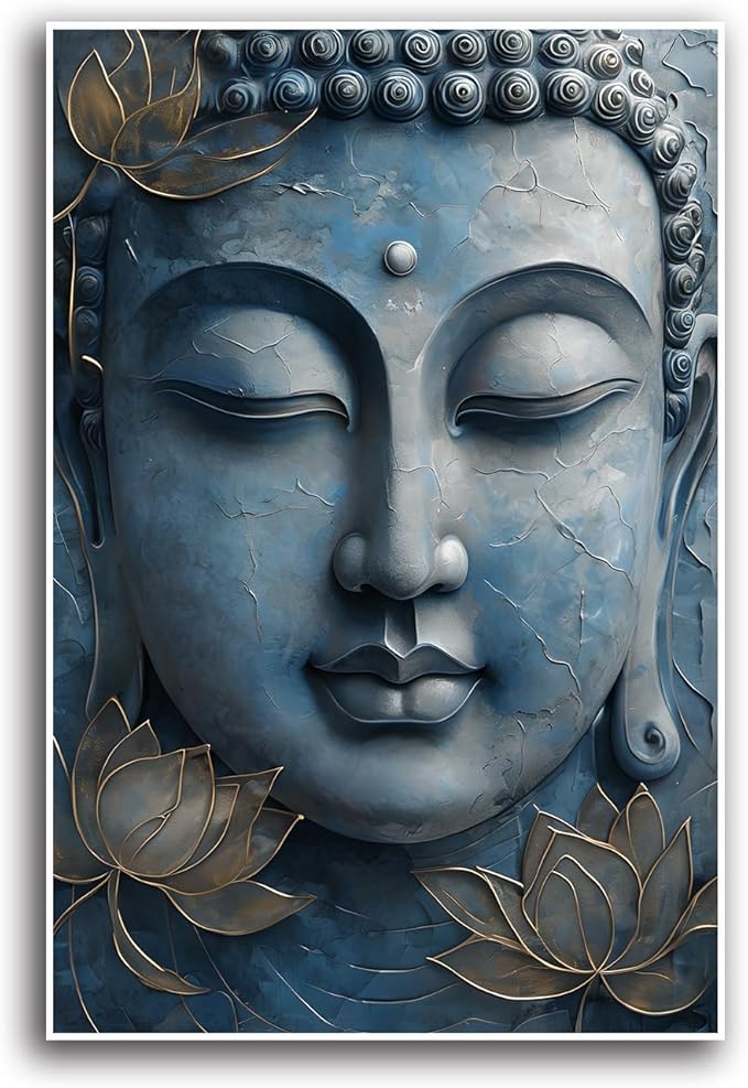 Canvas wall art Golden lotus crown Serene Buddha poster Ethereal blue toned art with delicate floral decor Zen wall art for a tranquil meditation space 16x24in Frameless