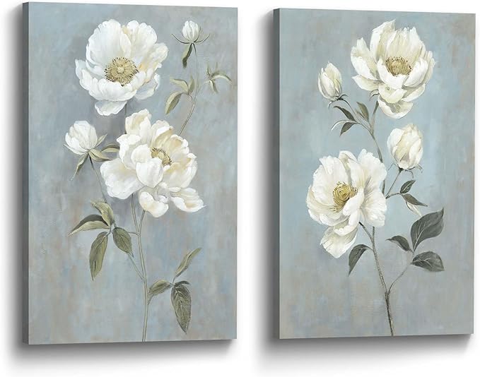 Color Play Flower Canvas Abstract Wall Art: 2 Pieces White Floral Prints Artwork Vintage Peony Bouquet Botanical Painting Picture for Bedroom Living Room Bathroom Home Office