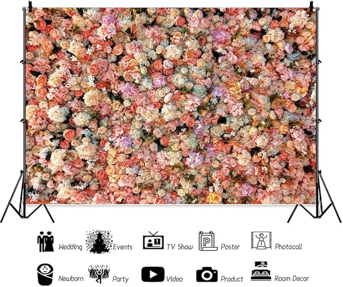Leowefowa Floral Wall Photography Backdrop 10x6.5ft Colorful Rose Flower Romantic Wedding Background for Lover Spring Pink White Rose Petal Engagement Party Banner Decor Photo Supplies Prop