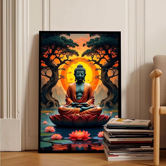 Canvas wall art Golden Buddha on lotus at sunset Ancient trees with reflections on water Serene meditation scene Uplifting wall art for mindfulness and tranquil home decor 12x18in Metal blackFramed