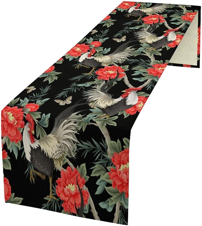 Rooster Floral Table Runner Vintage Farm Chicken Peonies Flower Dinner Runner for Country Farmhouse Home Kitchen Dinner Table Holiday Party Decoration 13x120in