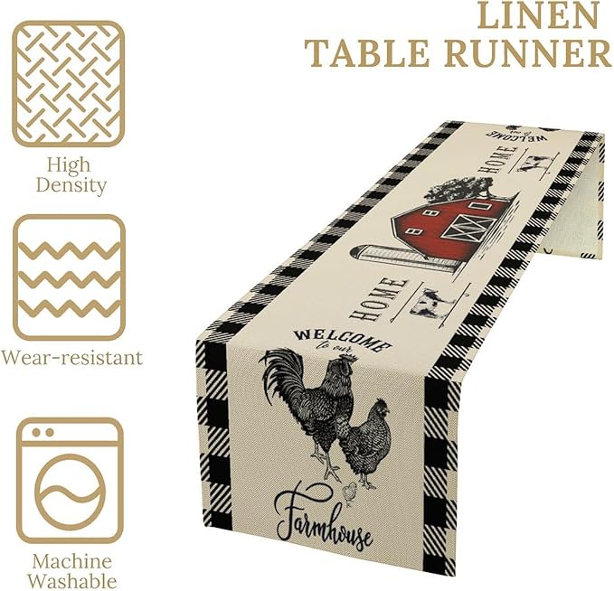 Rustic Farmhouse Table Runner Vintage Western Farm Red Barn Windmill Cabin Country Lodge Dinner Runner for Home Kitchen Dinner Table Party Decoration 13x36in