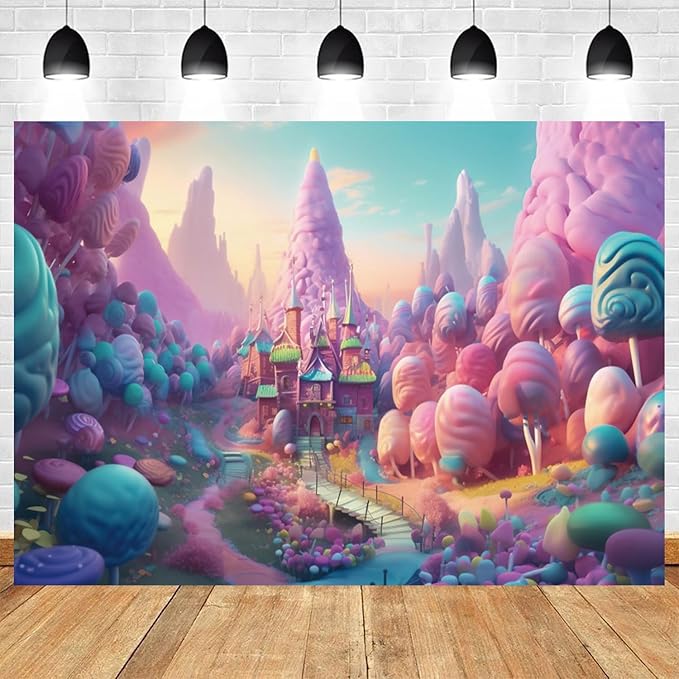 20x10ft Candyland Backdrop Fantasy Candy Castle Photography Background Sweet Lollipop Dream Blue Sky Cartoon Kids Birthday Banner Decorations Baby Shower Newborn Portrait Photo Booth Prop