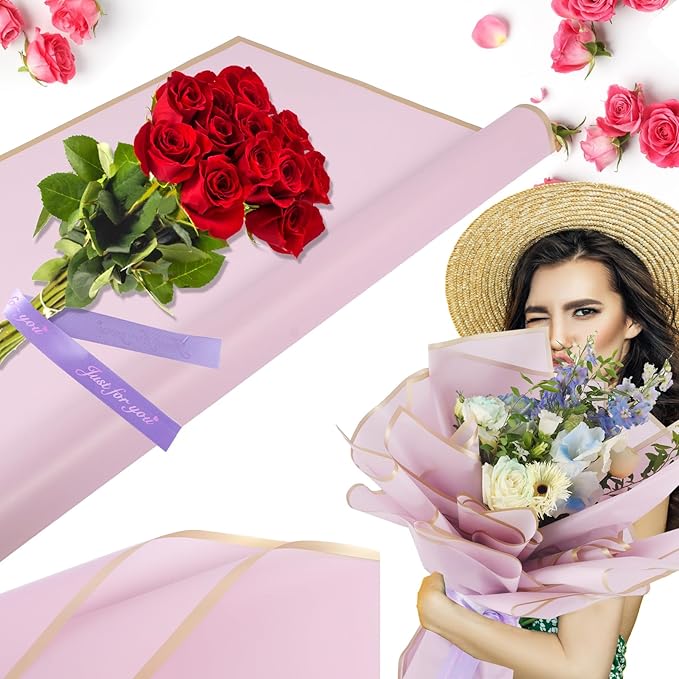 YIDATIKER 20 sheet Flower Wrapping Paper,waterproof floral wrapping paper for bouquets,DIY Florist Supplies Packaging Paper with satin ribbon for Wedding,Birthday,Valentine's Day(Purple)