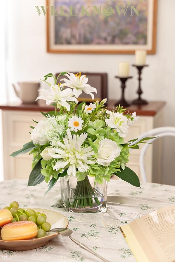 Artificial Flowers in Vase with Fake Water, 12.5" Realistic Silk Rose Peony Lily Faux Floral Arrangements with Glass Vase for Office Home Dinning Table Birthday Party Wedding Decor - White & Green
