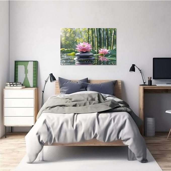 Ethereal pink lotus on obsidian Sunlit bamboo forest with sparkling water drops Poetic nature inspired wall art for tranquil homes and mindful spaces 12x18in Frameless