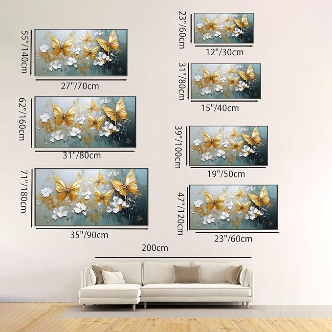 Butterfly Canvas Wall Art, Butterfly and Flower Wall Decor, Butterfly Prints, Abstract Textured Canvas Wall Art, Artwork for Walls, Oil Painting Wall Art, Wall Decor Living Room (Black Frame, *23"x12"|60x30cm)