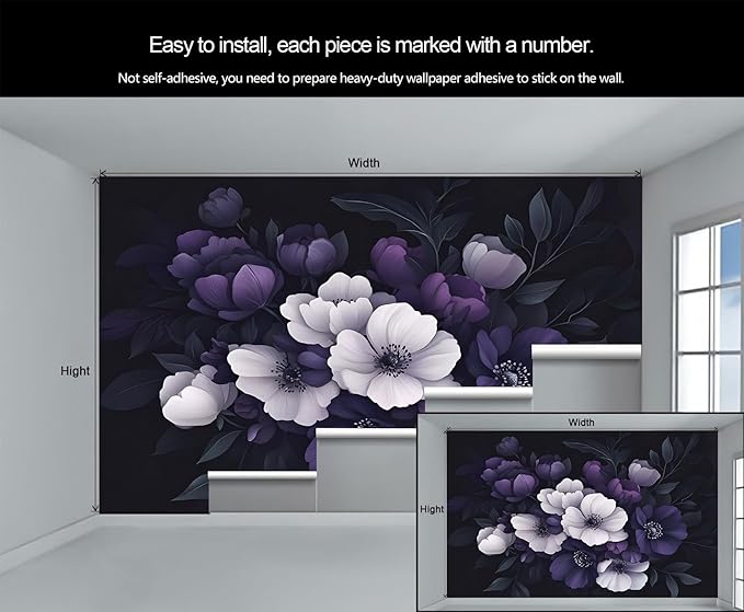 Dark Peony Floral Wall Mural, Purple and Black Flower 3D Wall Murals, Luxury Botanical Wallpaper Mural, for Living Room Bedroom Large Wallpaper Indoor Decor 157.5" W x110.3 H