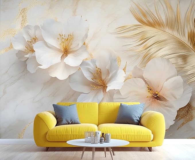 White Flowers Marble Wall Mural, Luxury Floral 3D Wall Murals, Elegant Gold Leaf Design Wallpaper Mural, for Living Room Bedroom Large Wallpaper Indoor Decor 98.4" W x68.9 H