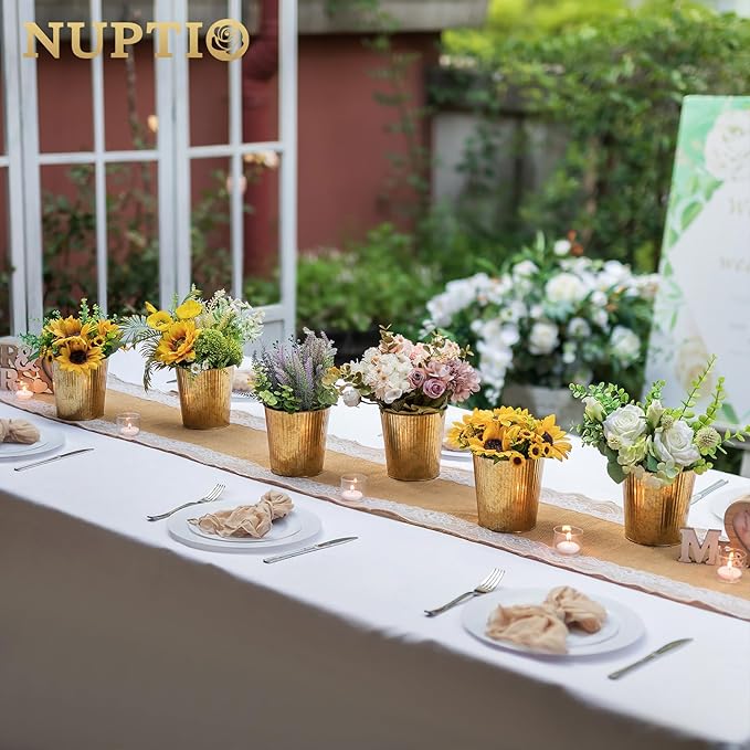 NUPTIO Gold Galvanized Vases for Centerpiece: 12 Pcs 5" Small Ribbed Vases for Flowers Bulk Metal Bucket Planter Pots for Wedding Table Home Decor
