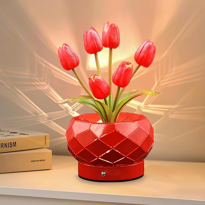 Birthday Gifts for Women,Red Tulips Flower Home Decor Touch Table Lamp,3-Colour Dimming Rechargeable Cordless Small Night Light for Festival Housewarming Gifts for Mom