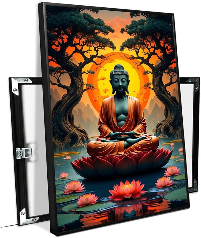 Canvas wall art Golden Buddha on lotus at sunset Ancient trees with reflections on water Serene meditation scene Uplifting wall art for mindfulness and tranquil home decor 16x24in Metal blackFramed