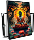 Canvas wall art Golden Buddha on lotus at sunset Ancient trees with reflections on water Serene meditation scene Uplifting wall art for mindfulness and tranquil home decor 12x18in Metal blackFramed